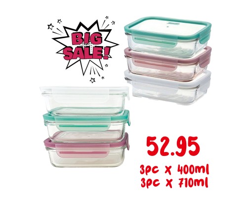 SPECIAL OFFER - 6PC - 3pc of 400ml, 3pc of 710ml Classic Tempered Glass Container Rectangle